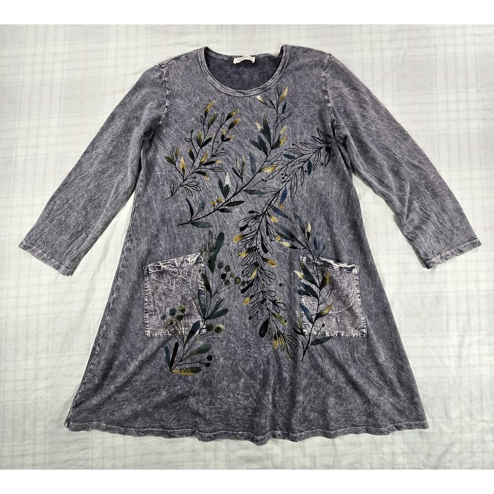 Jess & Jane Womens Mineral Wash Long Tunic Top Floral Patch Pockets Lagenlook L
